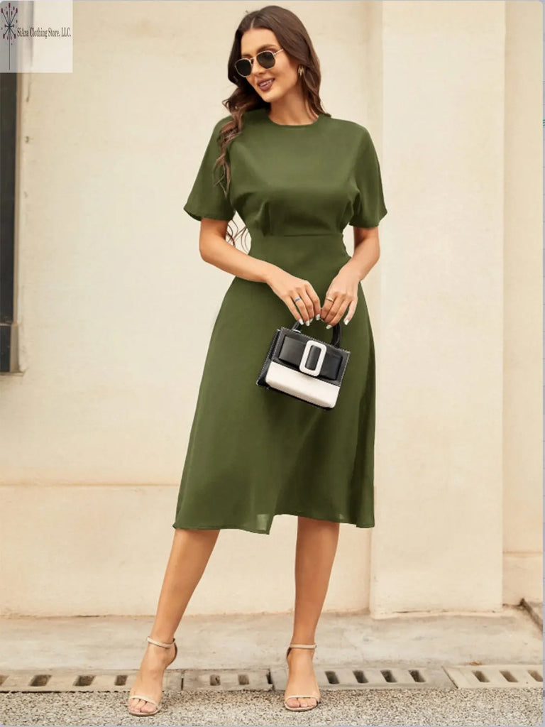 Short Sleeve Midi Dress Round Neck Matcha Green | Casual Short Sleeve Midi Dress | SiAra