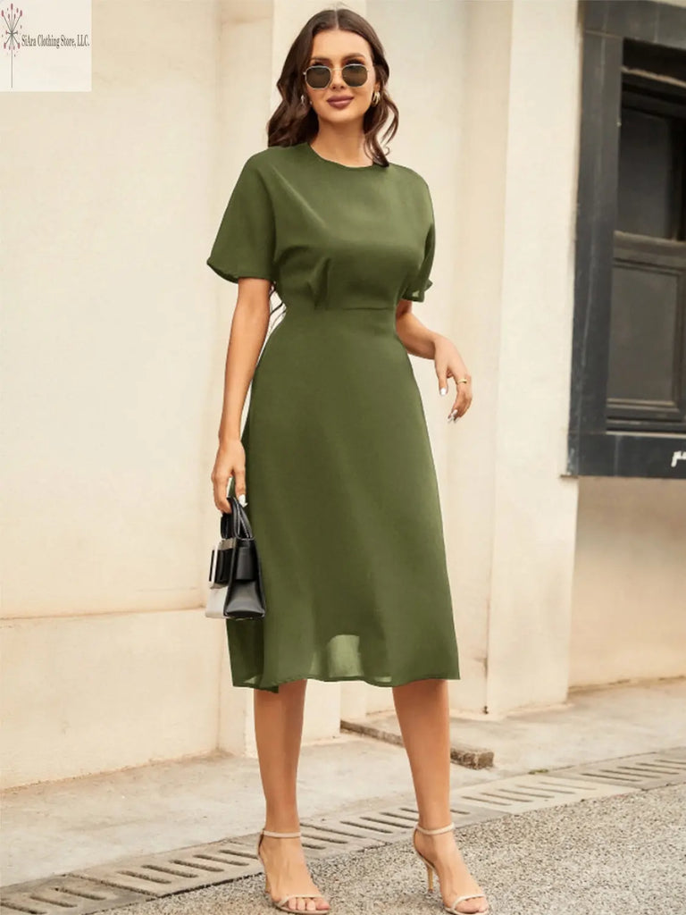 Short Sleeve Midi Dress Round Neck Matcha Green Sided | Casual Short Sleeve Midi Dress | SiAra