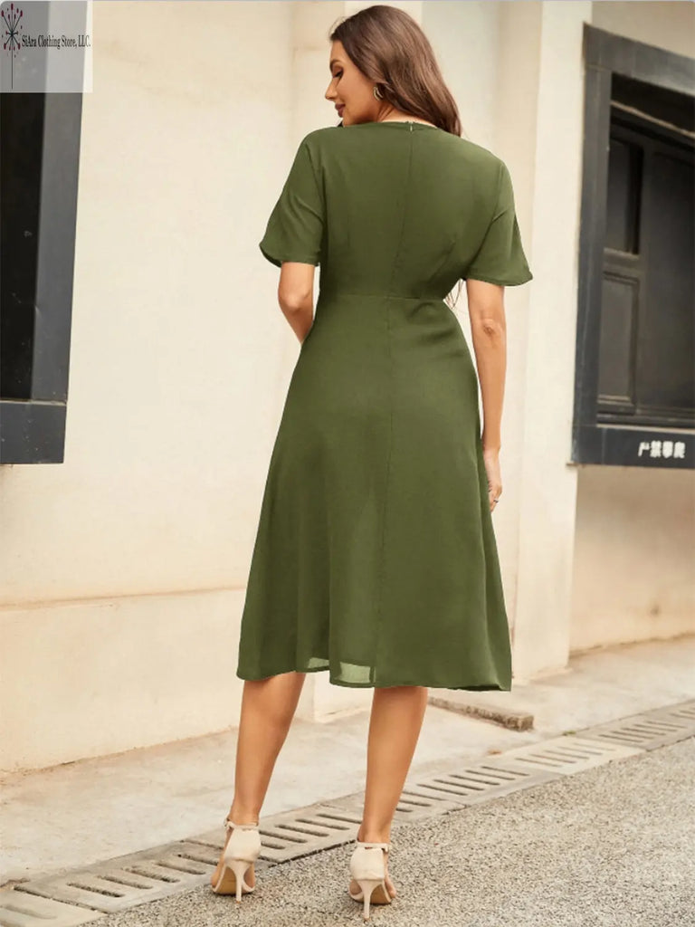 Short Sleeve Midi Dress Round Neck Matcha Green Back | Casual Short Sleeve Midi Dress | SiAra