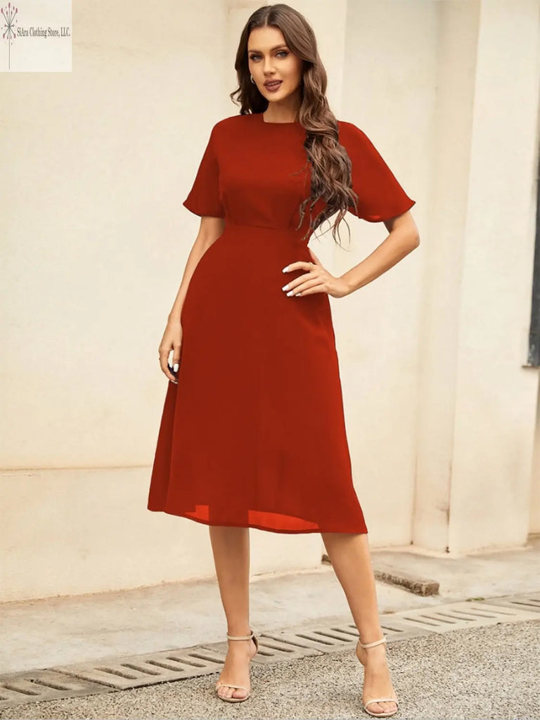 Short Sleeve Midi Dress Round Neck Deep Red | Casual Short Sleeve Midi Dress | SiAra