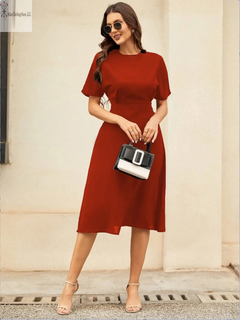 Short Sleeve Midi Dress Round Neck Deep Red Front | Casual Short Sleeve Midi Dress | SiAra