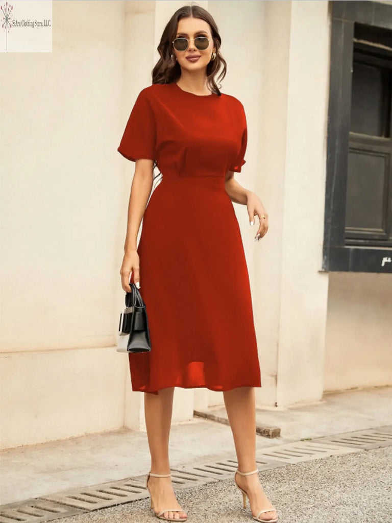 Short Sleeve Midi Dress Round Neck Deep Red Side | Casual Short Sleeve Midi Dress | SiAra