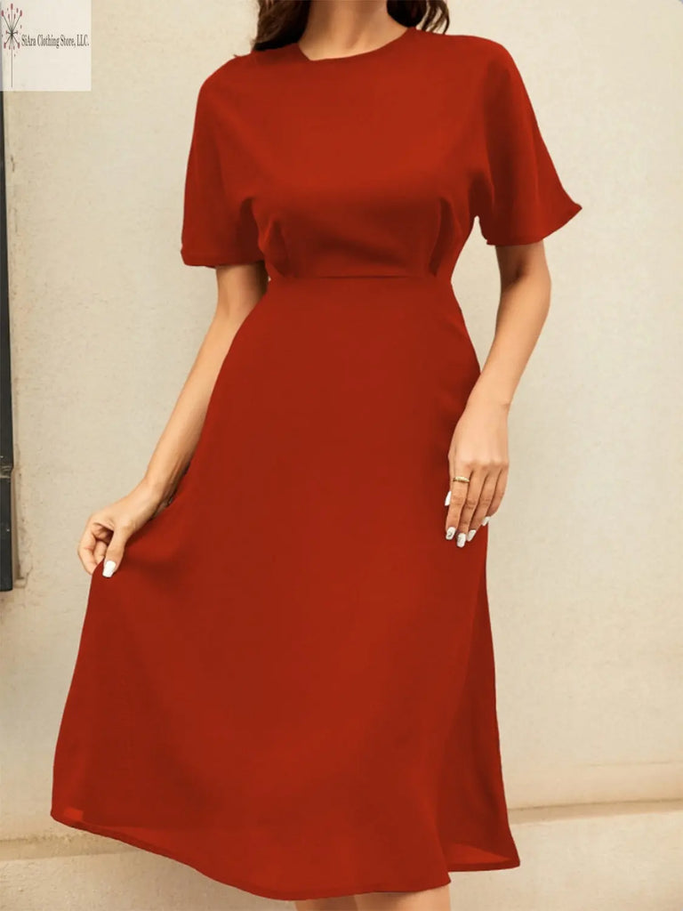 Short Sleeve Midi Dress Round Neck Deep Red Closed-up | Casual Short Sleeve Midi Dress | SiAra