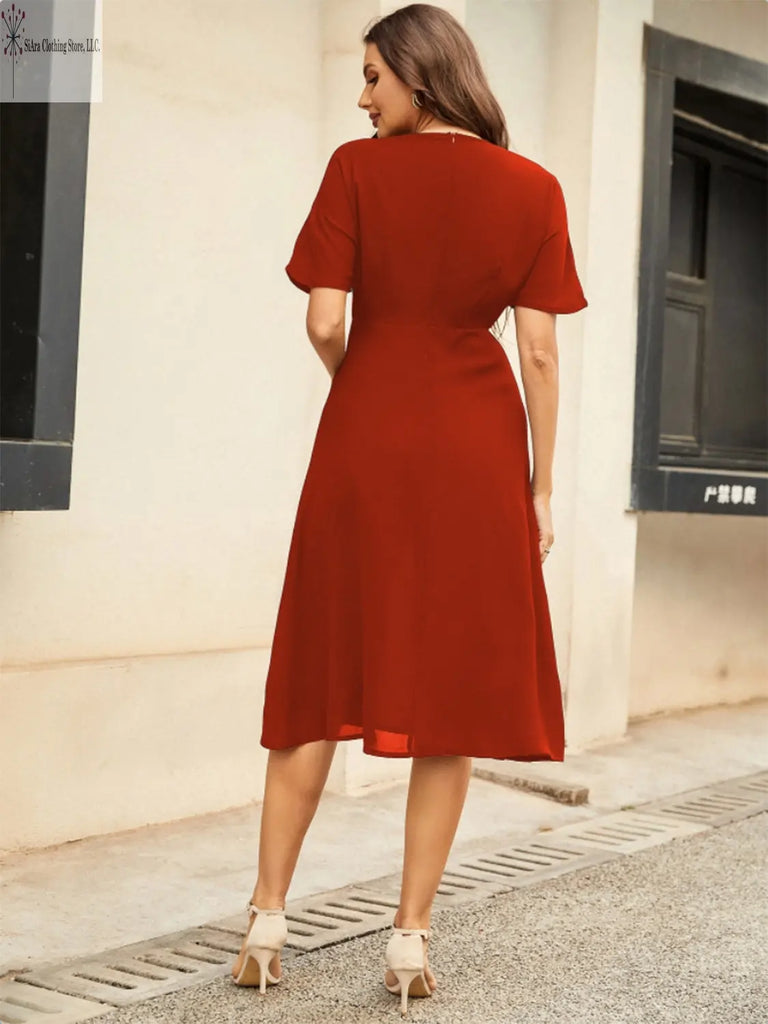 Short Sleeve Midi Dress Round Neck Deep Red Back | Casual Short Sleeve Midi Dress | SiAra