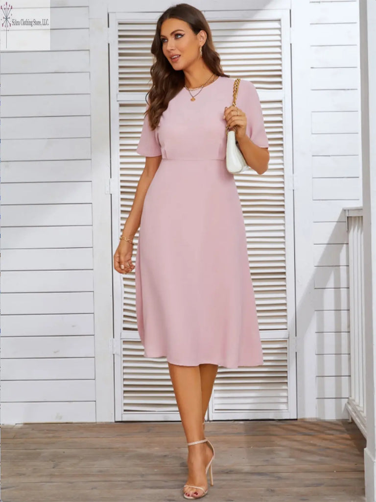 Short Sleeve Midi Dress Round Neck Blush Pink Front | Casual Short Sleeve Midi Dress | SiAra