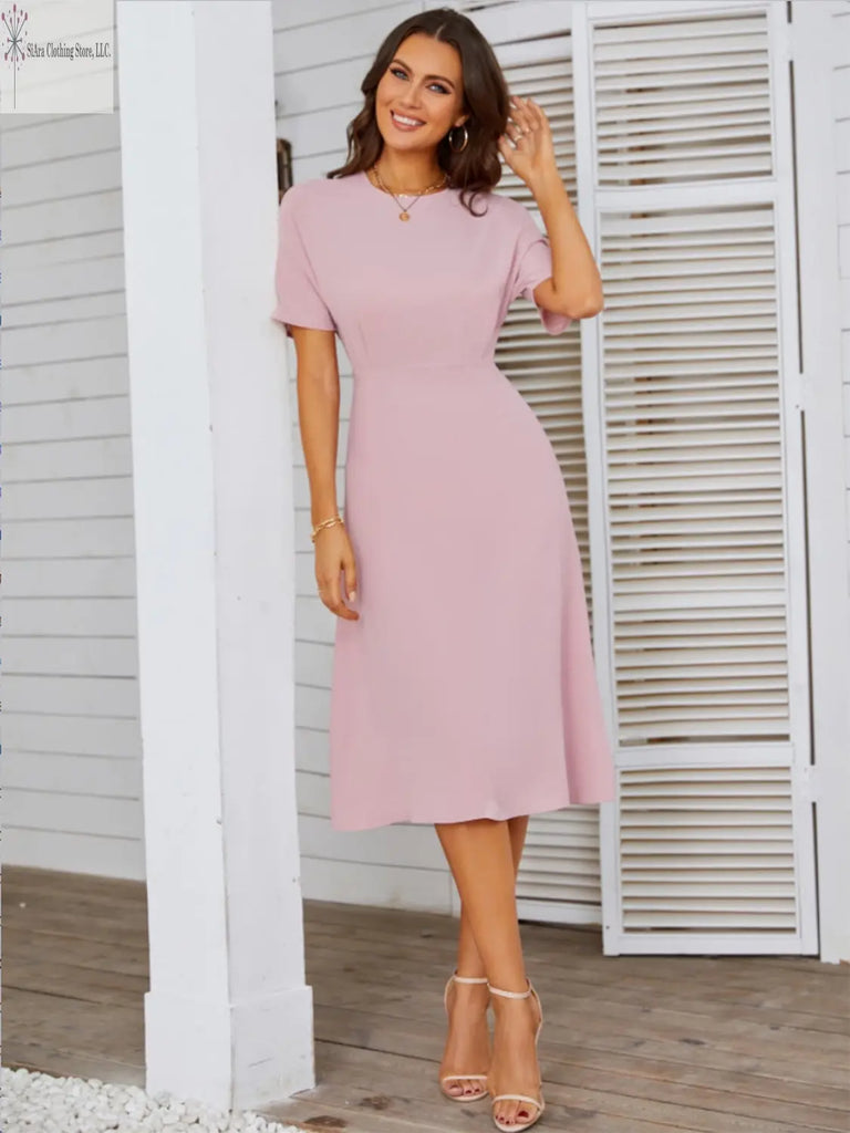 Short Sleeve Midi Dress Round Neck Blush Pink Front2 | Casual Short Sleeve Midi Dress | SiAra