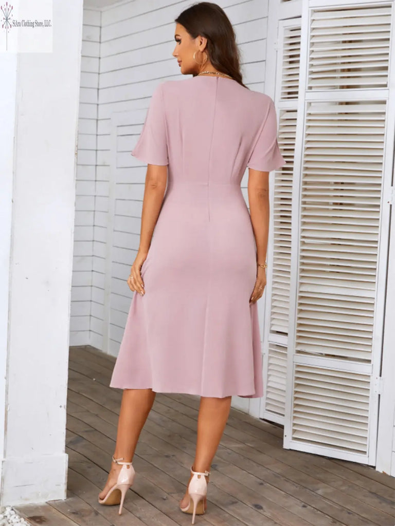 Short Sleeve Midi Dress Round Neck Blush Pink Back | Casual Short Sleeve Midi Dress | SiAra