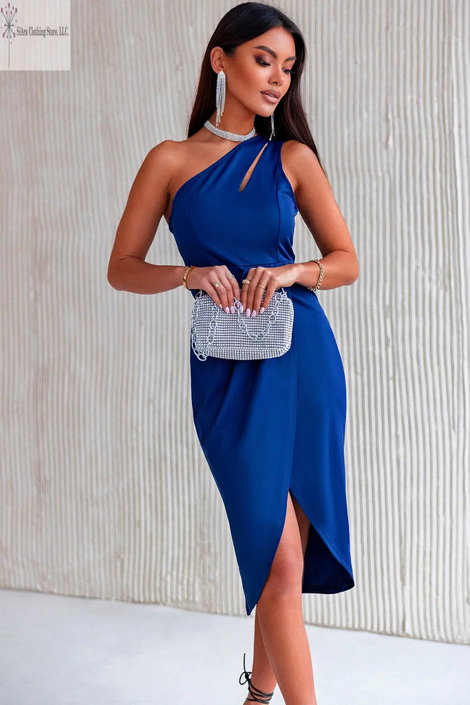One Shoulder Midi Dress Ruched Cutout Peacock Blue Front | Midi Wedding Guest Dress | SiAra