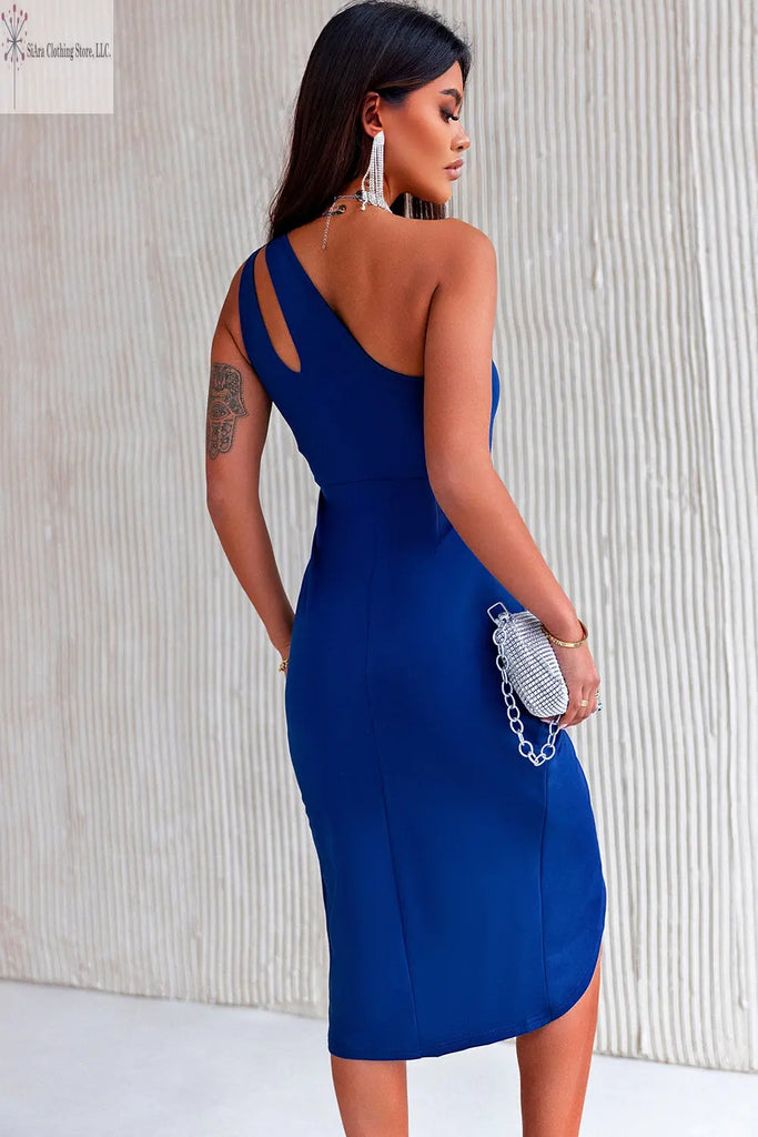 One Shoulder Midi Dress Ruched Cutout Peacock Blue Back | Midi Wedding Guest Dress | SiAra