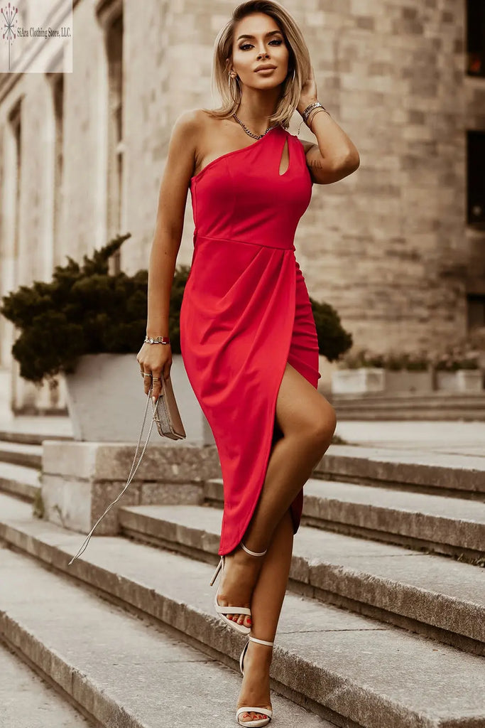 One Shoulder Midi Dress Ruched Cutout Deep Red Sided | Midi Wedding Guest Dress | SiAra