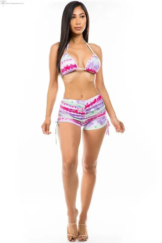 Tie Dye Halter Two Piece Swimwear Front | Two Piece Swimsuit With Shorts | SiAra