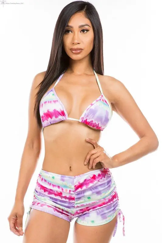 Tie Dye Halter Two Piece Swimwear Front2 | Two Piece Swimsuit With Shorts | SiAra