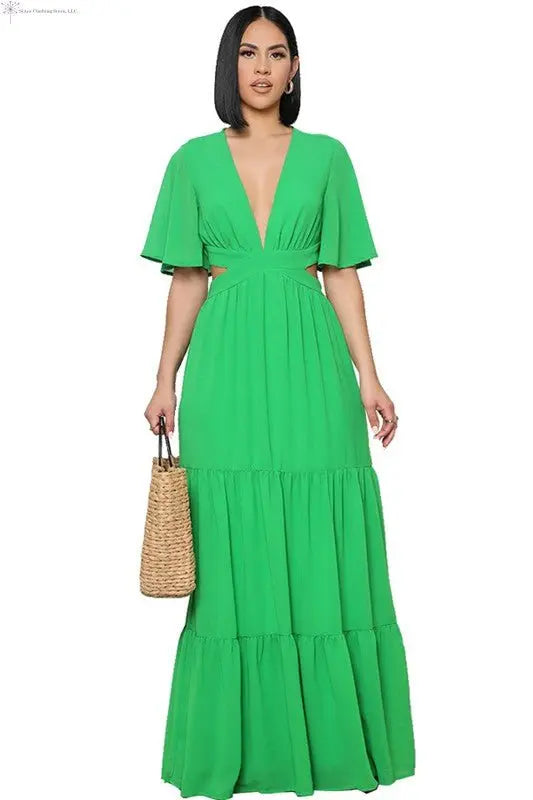 Chiffon Maxi Dress with Sleeves Deep V-neck Green | Waist Cut Out Maxi Dress | SiAra