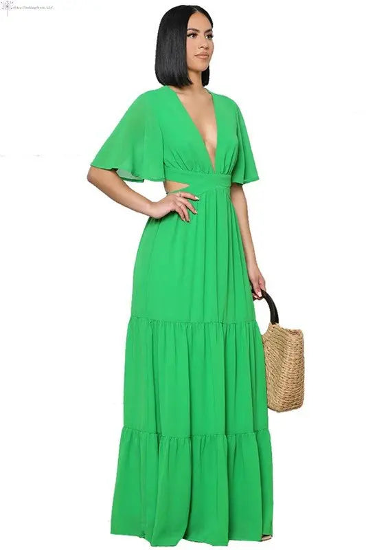 Chiffon Maxi Dress with Sleeves Deep V-neck Green Side | Waist Cut Out Maxi Dress | SiAra