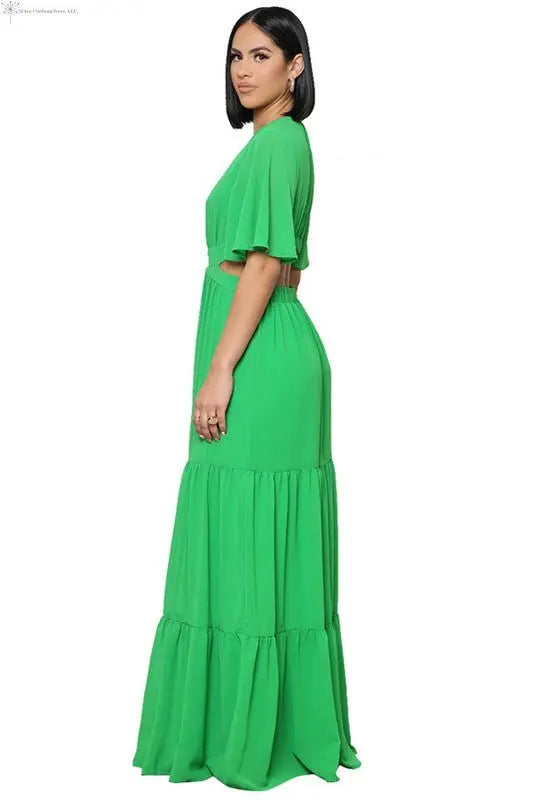 Chiffon Maxi Dress with Sleeves Deep V-neck Green Back-sided | Waist Cut Out Maxi Dress | SiAra