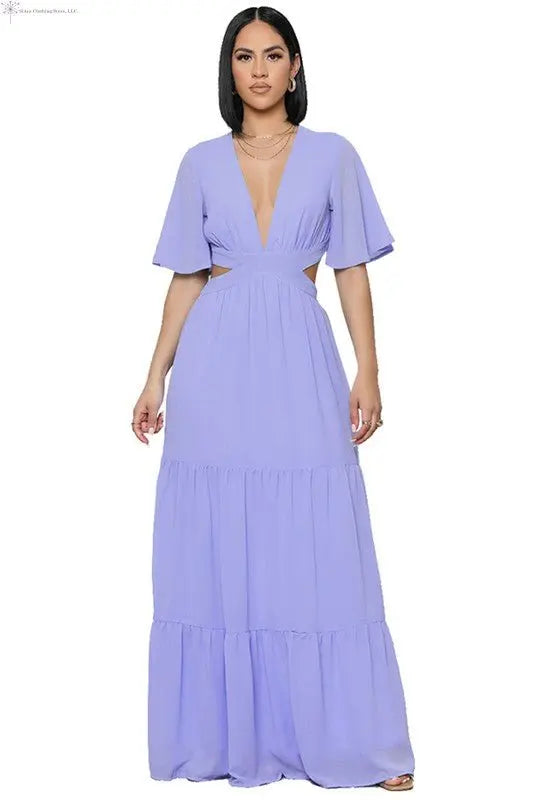 Chiffon Maxi Dress with Sleeves Deep V-neck Lavender | Waist Cut Out Maxi Dress | SiAra