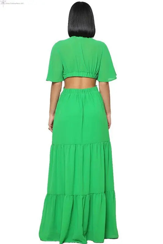 Chiffon Maxi Dress with Sleeves Deep V-neck Green Back | Waist Cut Out Maxi Dress | SiAra