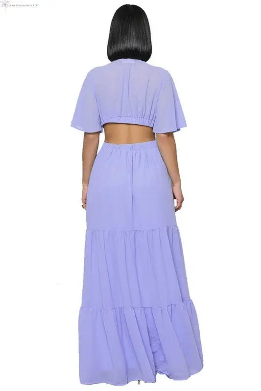 Chiffon Maxi Dress with Sleeves Deep V-neck Lavender Back | Waist Cut Out Maxi Dress | SiAra