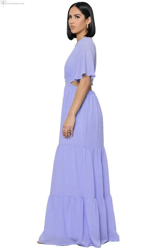 Chiffon Maxi Dress with Sleeves Deep V-neck Lavender Side | Waist Cut Out Maxi Dress | SiAra