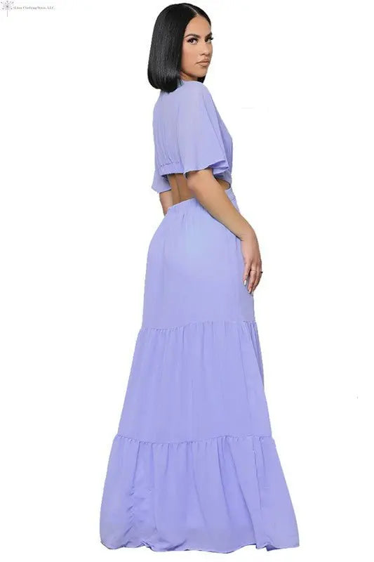 Chiffon Maxi Dress with Sleeves Deep V-neck Lavender Back-sided | Waist Cut Out Maxi Dress | SiAra