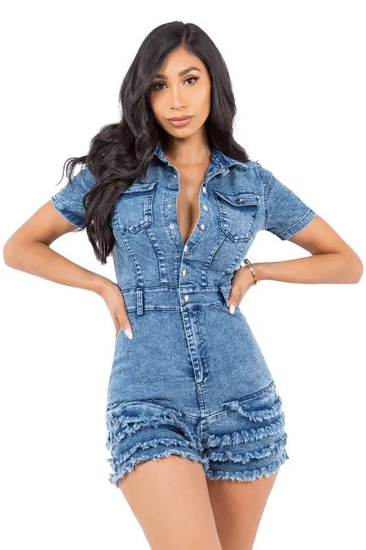 Blue Jean Romper Short Sleeves Front | SiAra Clothing Store, LLC