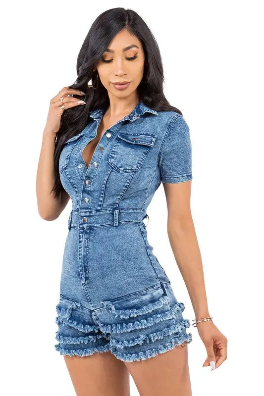 Blue Jean Romper Short Sleeves Sided | SiAra Clothing Store, LLC
