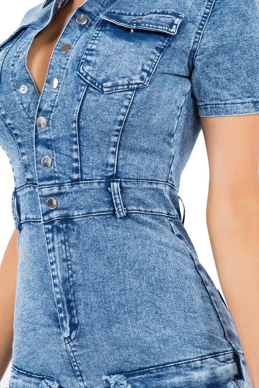 Blue Jean Romper Short Sleeves Closed-up | SiAra Clothing Store, LLC