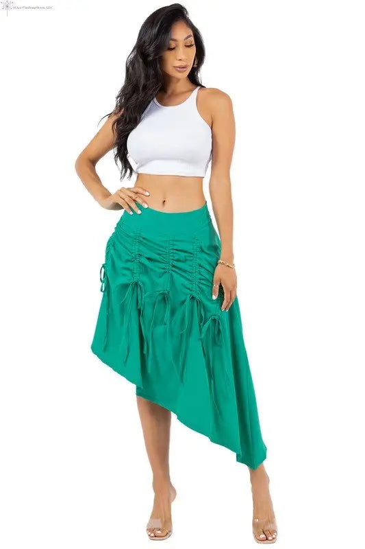 Green Asymmetrical Skirt Ruched | Asymmetrical Hem Skirt | SiAra