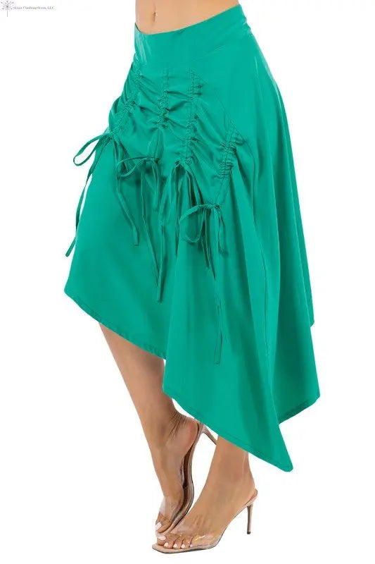 Green Asymmetrical Skirt Ruched Side | Asymmetrical Hem Skirt | SiAra