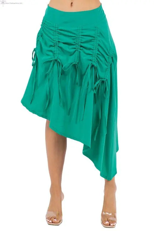 Green Asymmetrical Skirt Ruched Front2 | Asymmetrical Hem Skirt | SiAra