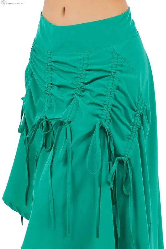Green Asymmetrical Skirt Ruched Closed-up | Asymmetrical Hem Skirt | SiAra