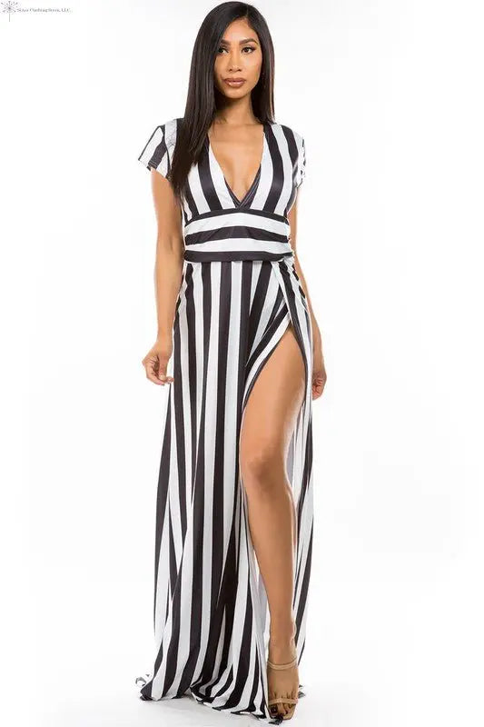 Maxi Dress with Stripes Side Slit | High Slit Maxi Dress | SiAra