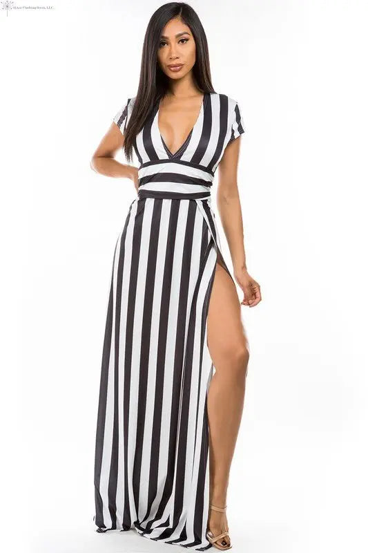 Maxi Dress with Stripes Side Slit Front | High Slit Maxi Dress | SiAra