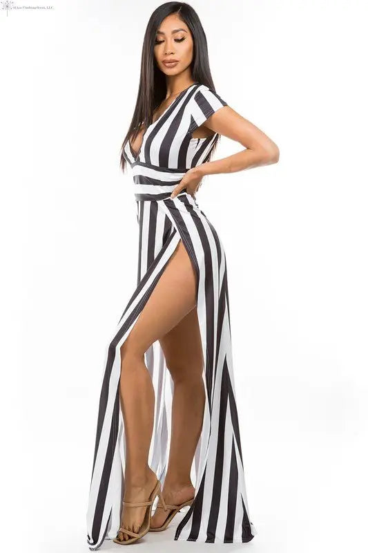 Maxi Dress with Stripes Side Slit Side | High Slit Maxi Dress | SiAra