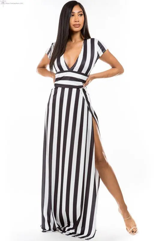Maxi Dress with Stripes Side Slit Sided | High Slit Maxi Dress | SiAra