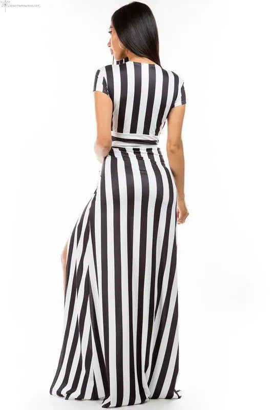 Maxi Dress with Stripes Side Slit Back | High Slit Maxi Dress | SiAra