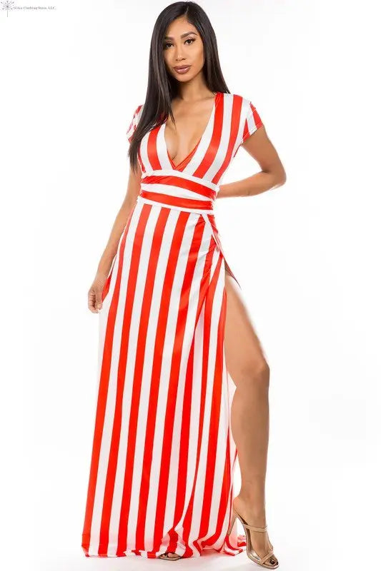 Red Maxi Dress with Stripes Side Slit | Striped Maxi Dress | SiAra