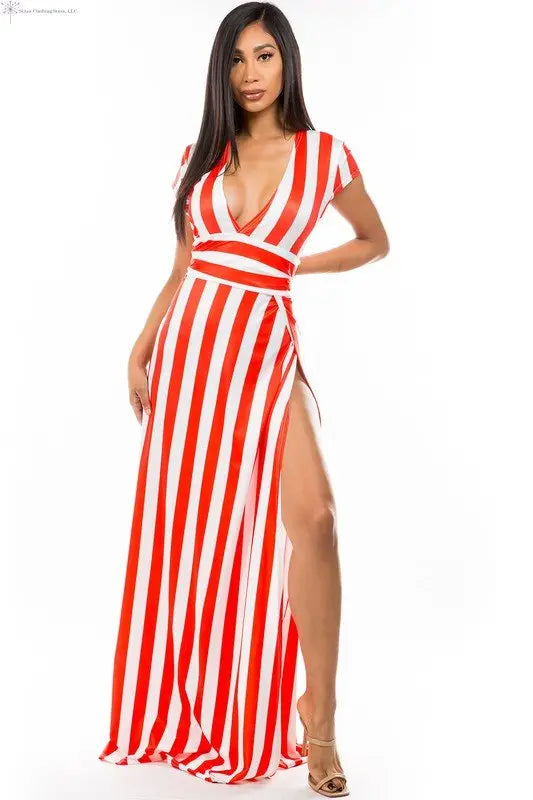 Red Maxi Dress with Stripes Side Slit Front | Striped Maxi Dress | SiAra