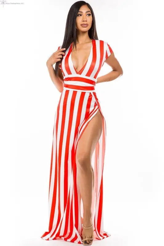 Red Maxi Dress with Stripes Side Slit Sided | Striped Maxi Dress | SiAra