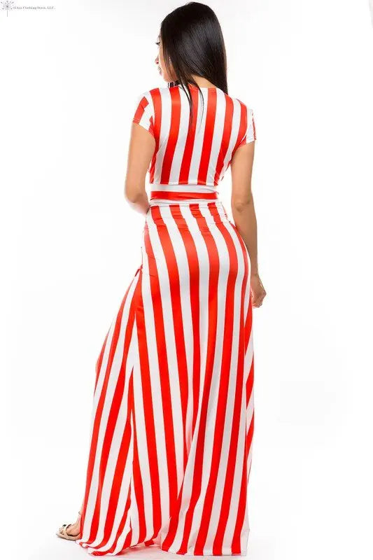 Red Maxi Dress with Stripes Side Slit Back | Striped Maxi Dress | SiAra