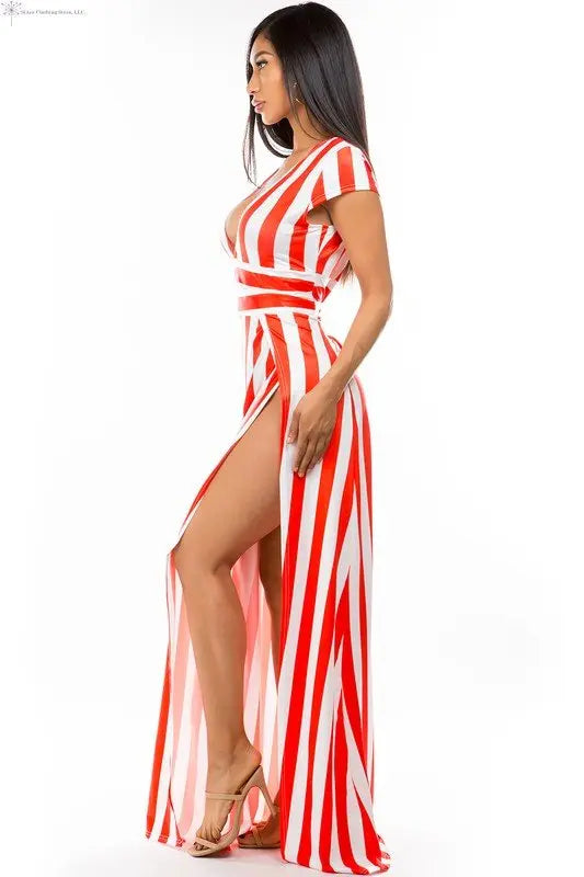 Red Maxi Dress with Stripes Side Slit Side | Striped Maxi Dress | SiAra