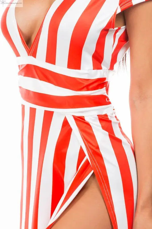 Red Maxi Dress with Stripes Side Slit Closed-up | Striped Maxi Dress | SiAra