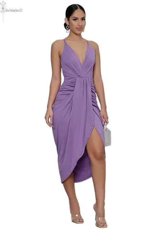Wrap Sleeveless Midi Dress Lavender Sided | Midi Wrap Dress | SiAra
