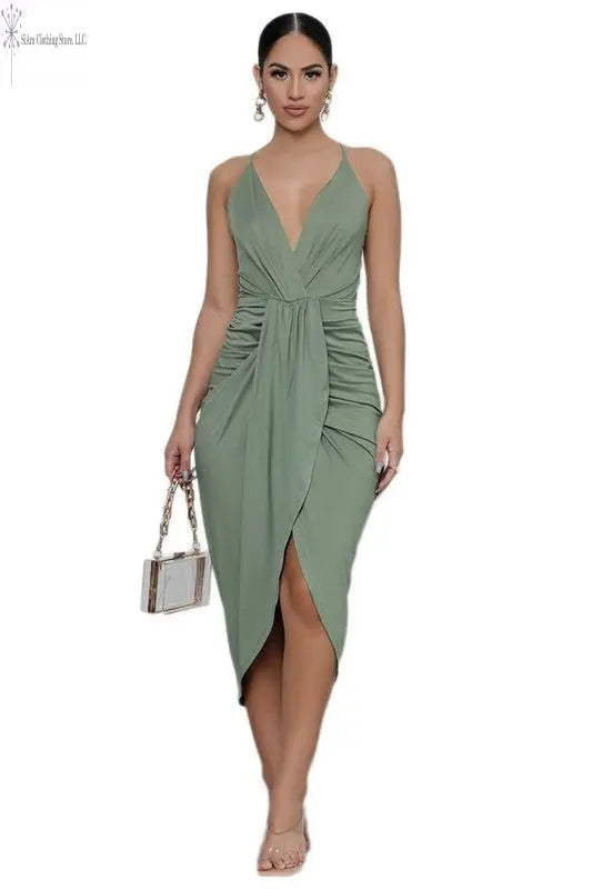 Wrap Sleeveless Midi Dress Deep V-neck Olive | Wrap Midi Dress | SiAra