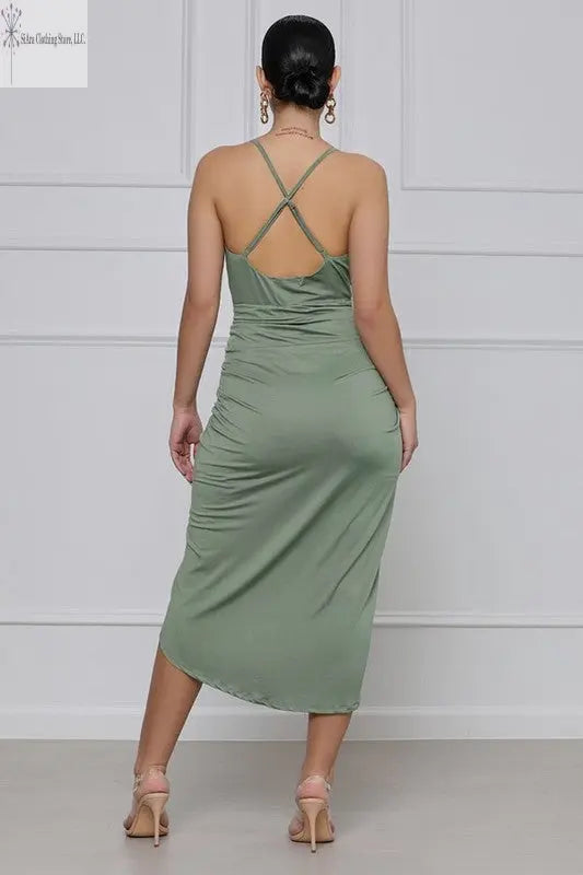 Wrap Sleeveless Midi Dress Deep V-neck Olive Back | Wrap Midi Dress | SiAra