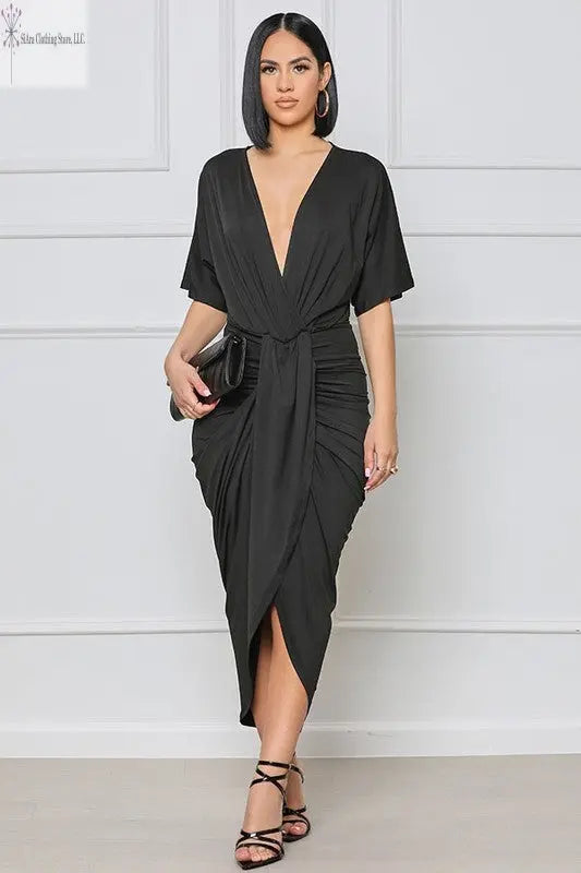 Black Wrap Sleeveless Midi Dress Front | Sleeveless Midi Dress Casual | SiAra