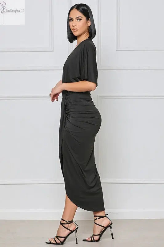 Black Wrap Sleeveless Midi Dress Side | Sleeveless Midi Dress Casual | SiAra