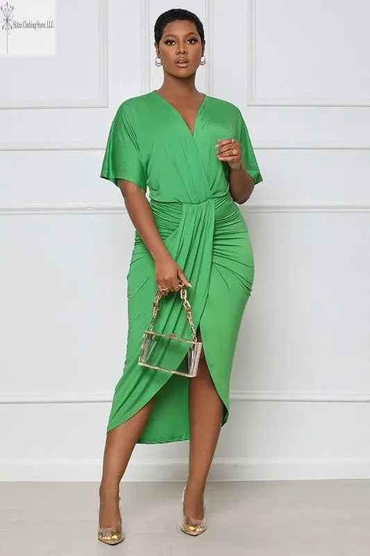 Green Midi Dress With Sleeves Sided | Plus Size Midi Dress for Weddings | SiAra