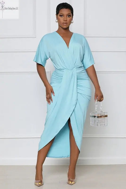 Sky Blue Midi Dress With Sleeves | Curve Midi Dress | SiAra