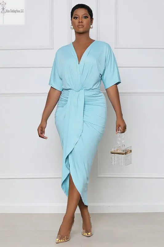 Sky Blue Midi Dress With Sleeves Front | Curve Midi Dress | SiAra